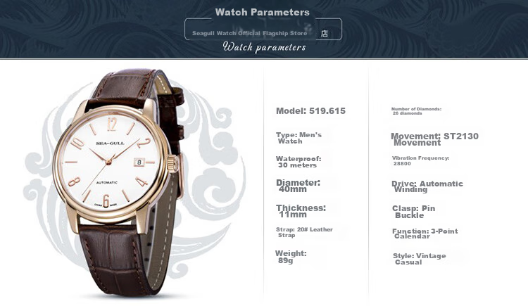 SEAGULL Men's Automatic Mechanical Watch, Bauhaus Date Display Men's Watch, Birthday Gift for Men, Model 6091 40