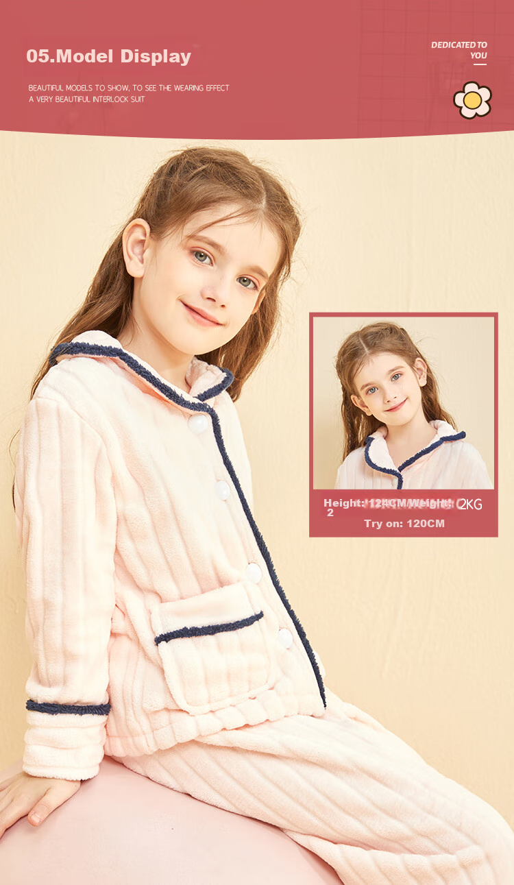 LangSha Children's Pajamas for Girls, Winter Fleece-Lined Thick Flannel Loungewear Set, Warm Sleepwear for Toddlers And Young Girls 9