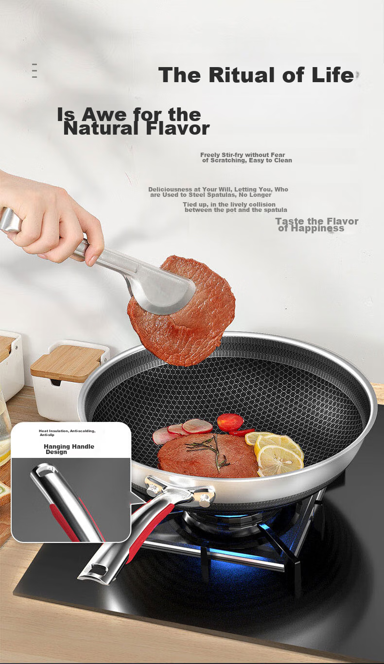 KBH Wok, Yuechu Honeycomb Double-Sided Non-Stick Pan, 316L Stainless Steel Frying Pan, 32cm, Compatible with Induction And Gas Stoves 12