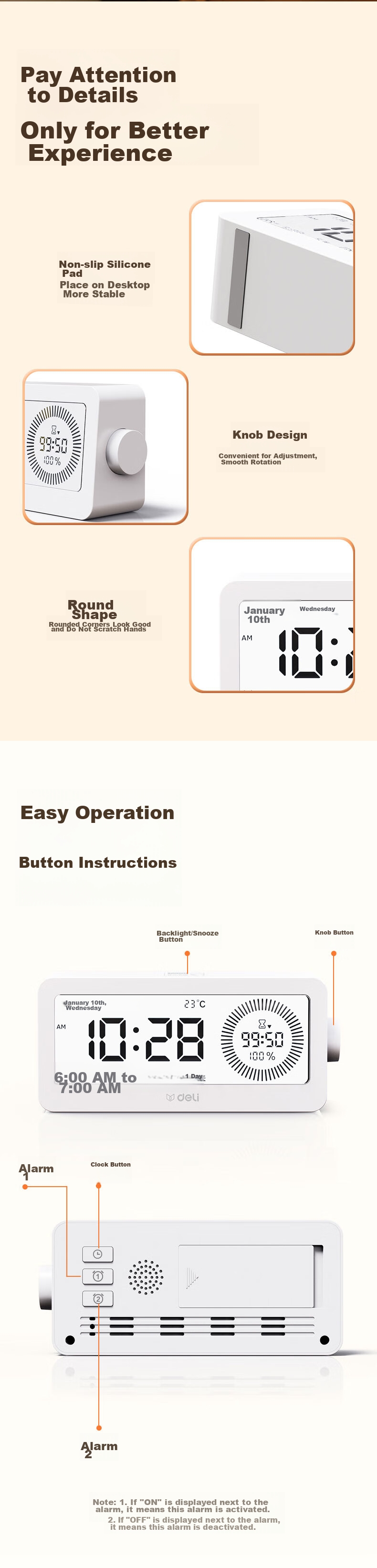 Deli Visual Smart Alarm Clock Timer, Student-Specific Wake-Up Device with Backlight Bedside Clock And Thermometer, Essential for Back-To And Graduation Seasons, LE107 White Gift 10