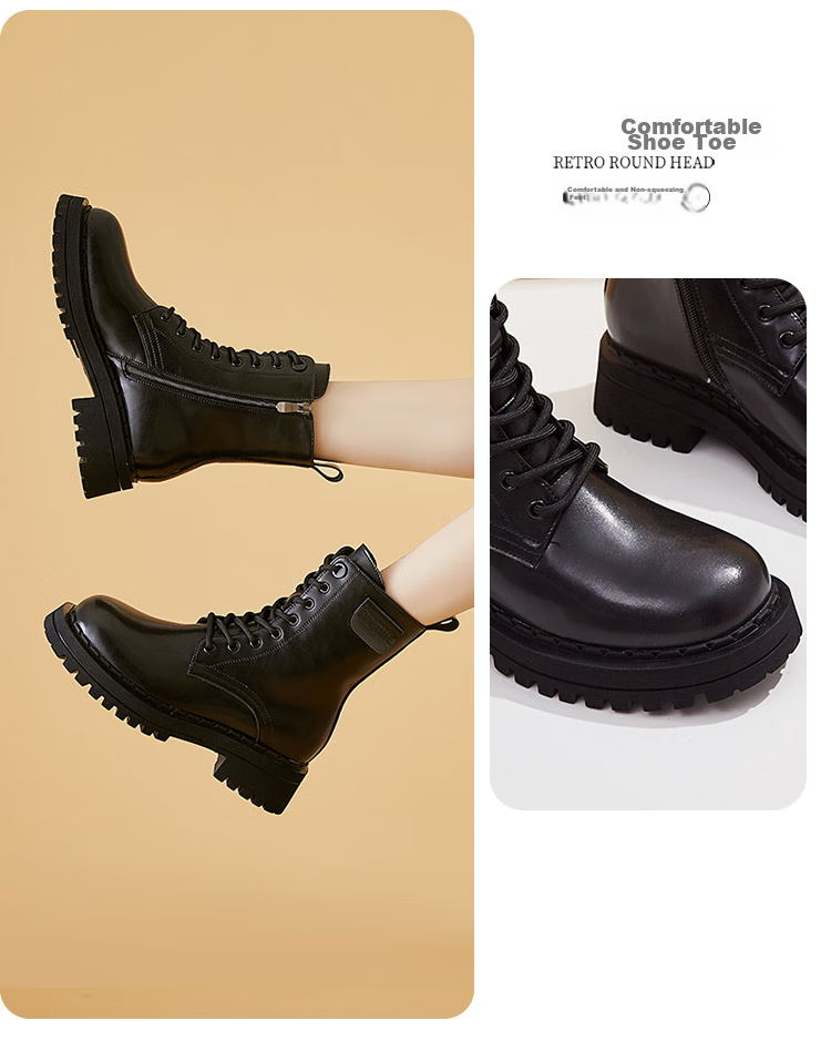 DAPHNE Women's Martin Boots Thick Sole New High Heel British Style Ankle Boots Leather Casual Shoes Black Fleece Lined Size 40 5