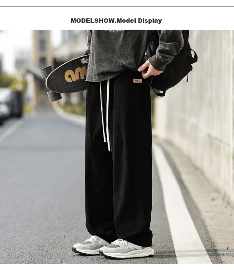 Huili Corduroy Pants for Men, Spring And Autumn New Style, Loose Straight Wide-Leg, Casual Sports Trousers, Long Pants, Black, 3XL 8