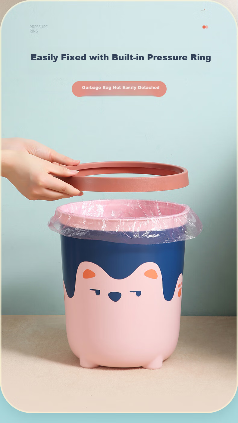 MENGTING Creative Trash Can with Press Ring, 10L Capacity, Cartoon Design for Home And Office Use, Large Capacity Wastebasket for Living Room, Pink 4