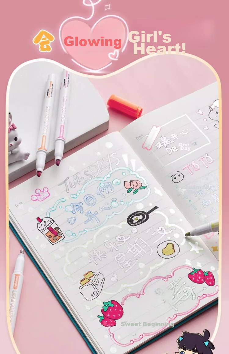 Liupintang Double-Line Outline Pen, 12 Colors, Gel Dual-Color Fluorescent Marker, for Writing, Students And Children, Floral Pattern Journaling, Colorful Pens, Curved Line Drawing, Small Newspaper Marking, Outlining Pe 6