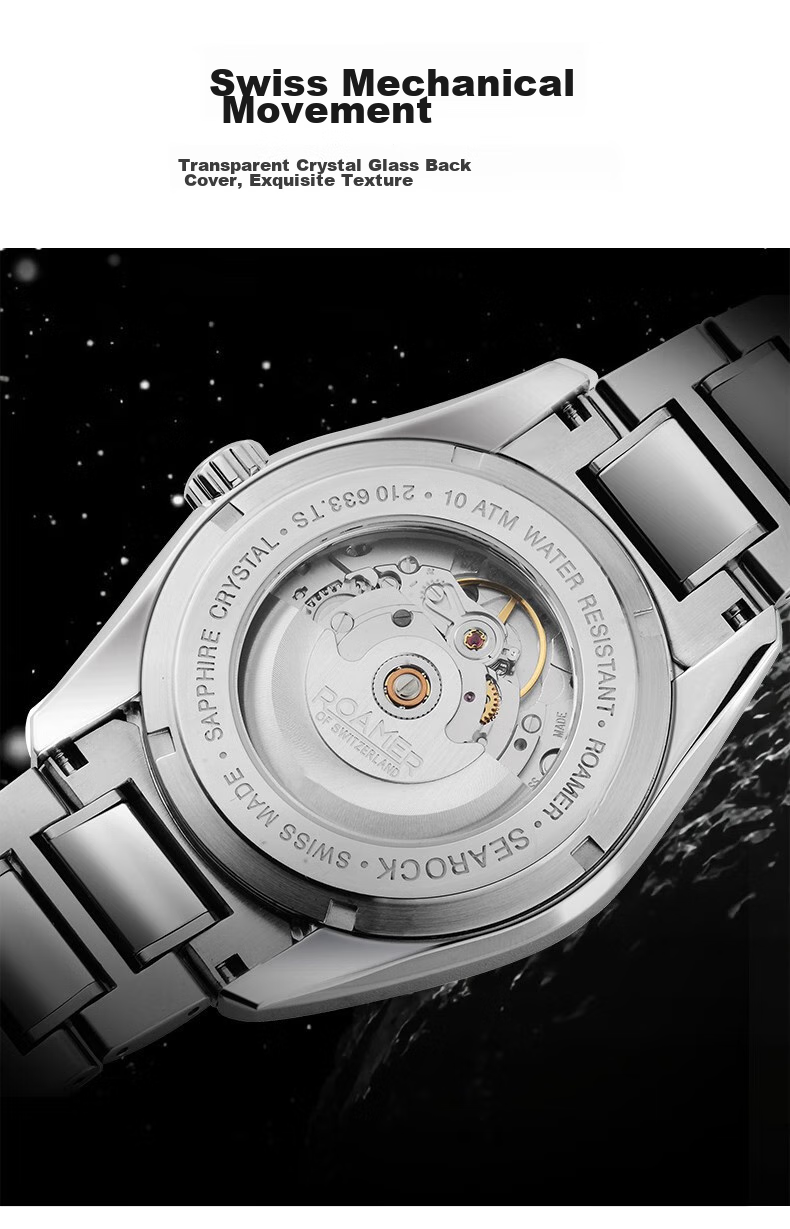 ROAMER Swiss Imported Fully Automatic Mechanical Watch, Tungsten Steel Wristwatch for Men, 100-Meter Water Resistance, Men's Watch with Black Dial 11