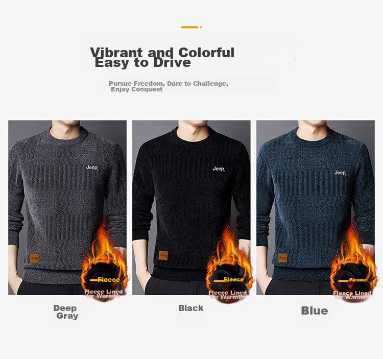 JEEP Men's Sweater, Autumn And Winter Fleece-Lined Thick Warm Knit Pullover, Round Neck Menswear, Black Fleece-Lined, 4XL 7