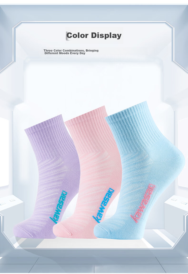 KAWASAKI Badminton Socks Breathable Running Sports Socks for Women A6202 Pink Purple Blue (Three Pairs) One Size Fits All 11