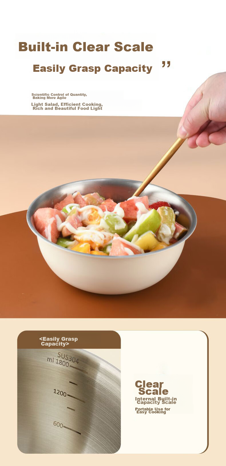 Canjiangjun 304 Stainless Steel Kitchen Bowl Set of Three: Measuring Bowl, Thickened Mixing And Dough Kneading Bowl, Egg Beating Bowl, Baking Bowl 8