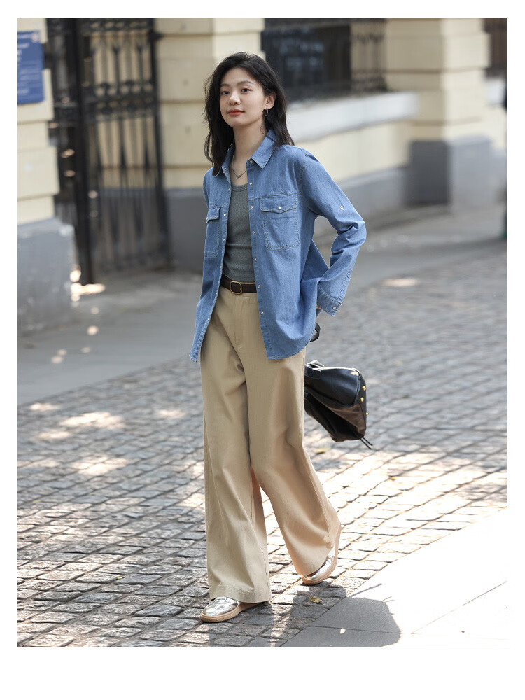 Dme Vintage Washed Color Spring And Autumn Women's Fashion High-End Denim Shirt Layered Base Top Blouse 5
