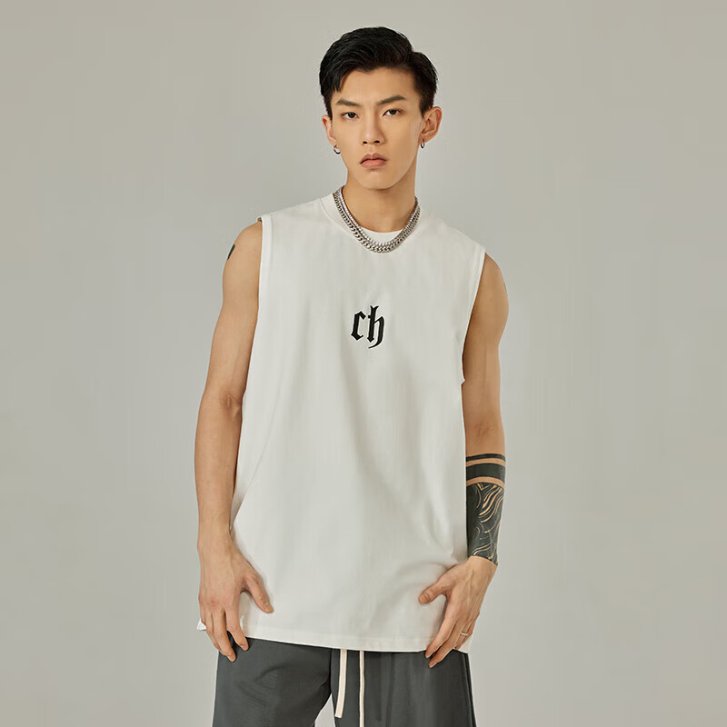 CHINISM CH Men's Vest, American-Style Pure Cotton, Casual High Street Wear, Loose-Fitting Letter Print, Breathable Sleeveless Top, CD2222T1021