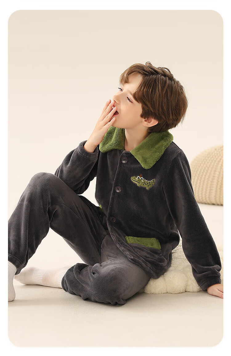 LangSha Children's Pajamas, Boys' Autumn And Winter Thickened Sleepwear, for Older Kids And Teenagers, Baby Flannel Lapel Loungewear, Warm Set 3