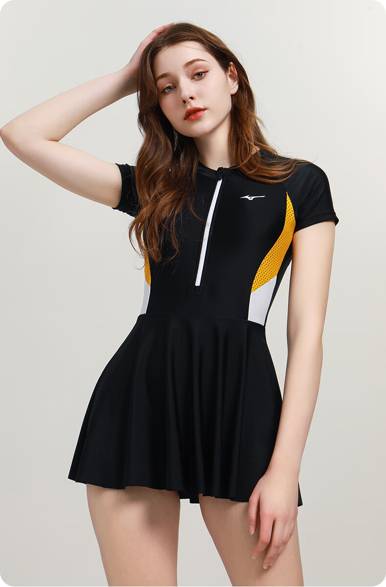MIZUNO Women's One-Piece Swimsuit Dress, Hot Spring Swimwear, Plus Size, Tummy Control, Slimming, Quick-Drying, Conservative Swimming Costume A1320 Black S 3
