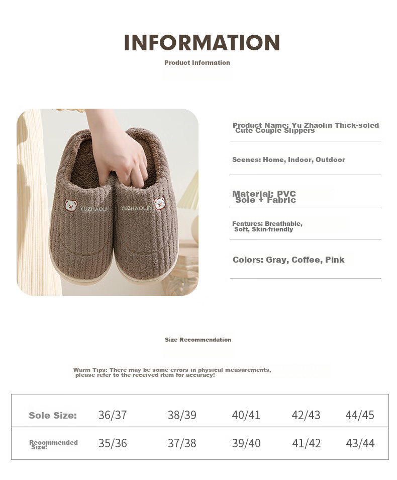 YUZHAOLIN Cotton Slippers Unisex Winter Indoor Thick Sole Soft Warm Postpartum Cotton Shoes YG307 4