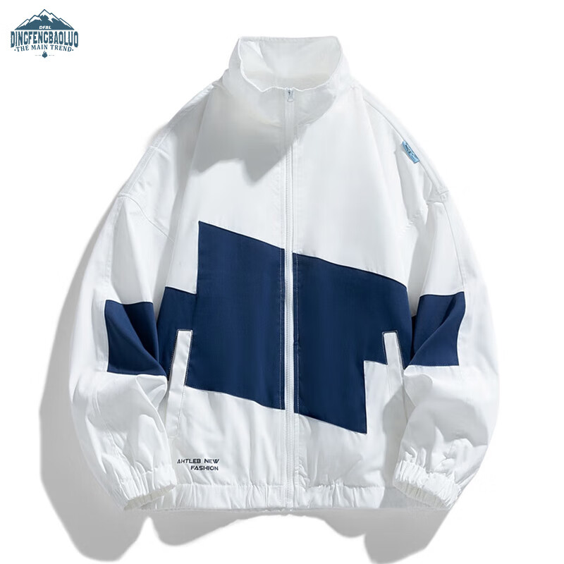Dingfengbaoluo American-Style High Street Jacket for Men, Spring Loose Casual Lapel Contrasting Color Long-Sleeve Cardigan Coat DFM13 White L