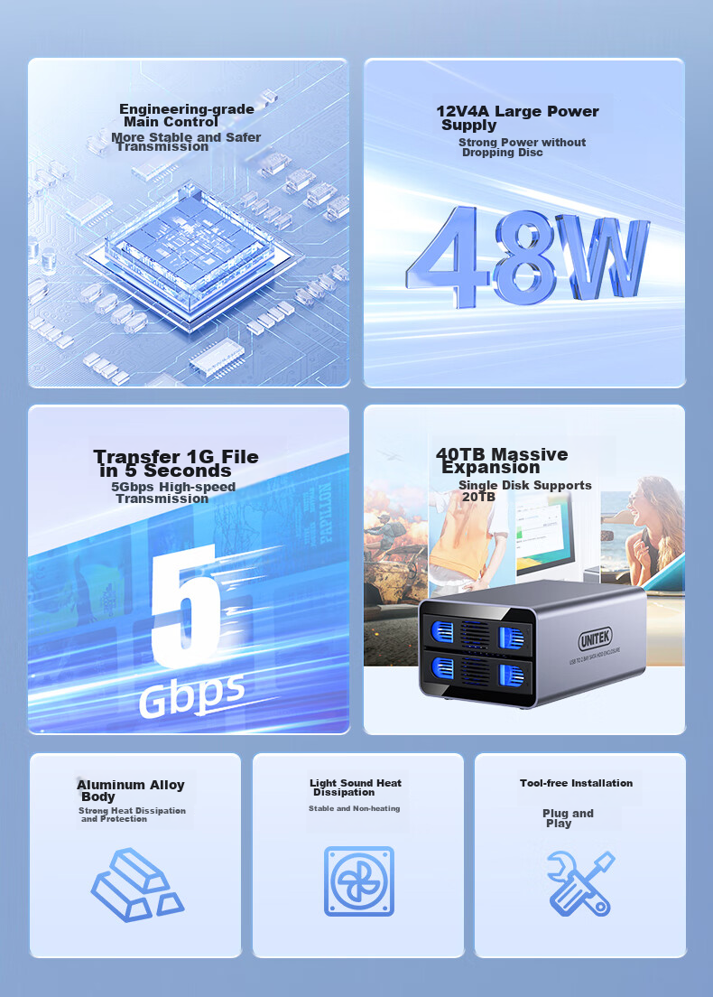 UNITEK Dual-Bay Full Aluminum Mechanical SSD Expansion Enclosure, Compatible with 2.5/3.5 Inch SSDs, USB 3.0 High-Speed to SATA Interface, External Hard Drive Storage Cabinet for Computers 2