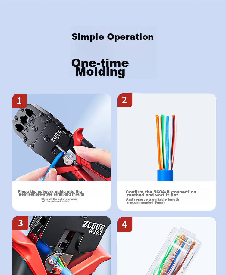ZLEUE Network Cable Crimper, Wire Stripper And Cutter for Network And Telephone Cables, 4P6P/8P RJ45 Connectors, Multi-Functional Spring Tool for Professional Category 6 Cable Crimping And Termination, W103 19