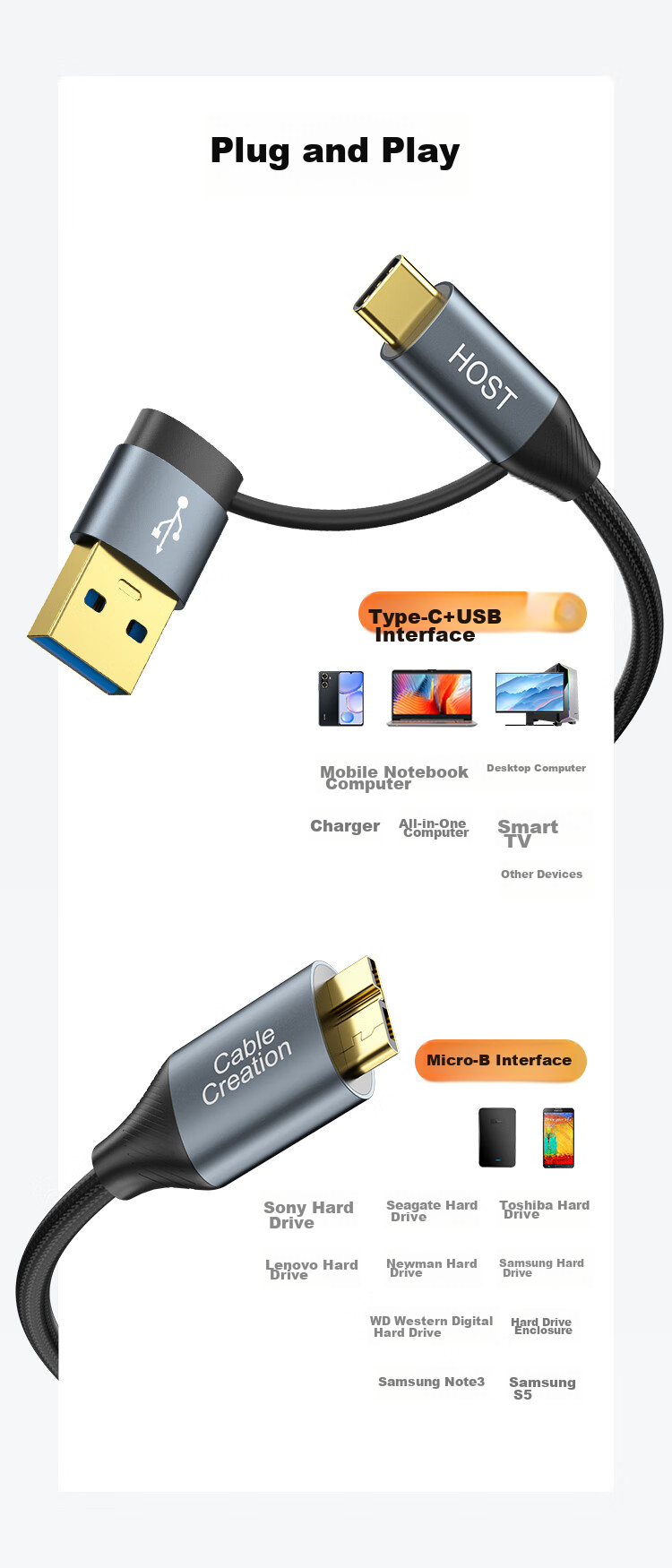 CABLE CREATION, Type-C to Micro USB 3.0 High-Speed Transfer Two-In Portable Hard Drive Data Cable, Compatible with Seagate, Toshiba, Western Digital, Samsung Hard Drives, Extension Cable, 0.6 Meters 8