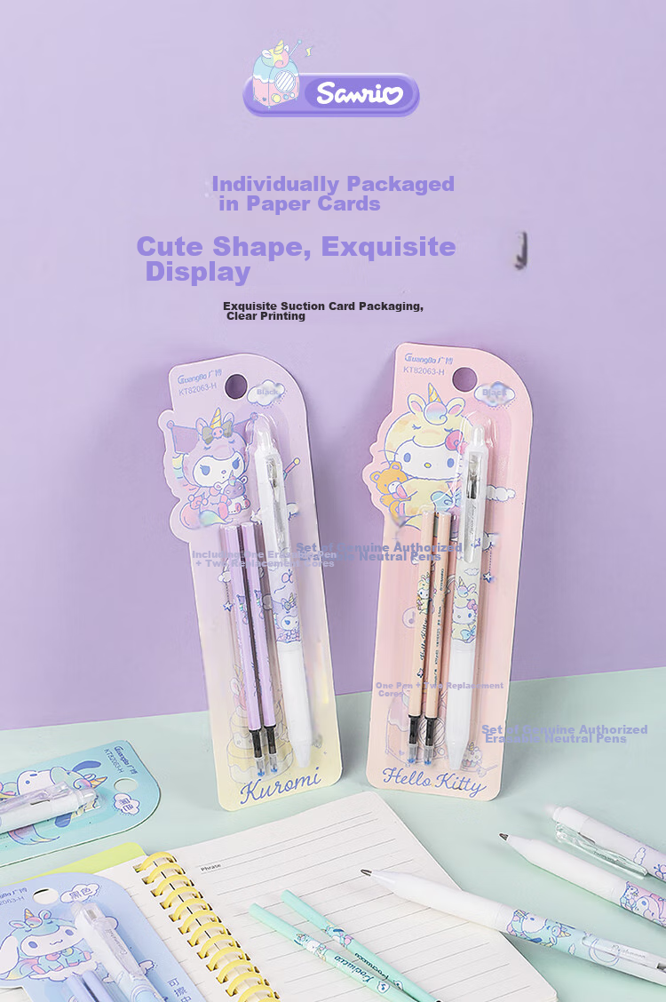 GuangBo Erasable Gel Pen, Sanrio Collaboration Retractable 0.5mm Black Student Magic Pen, Office Thermal Signature Pen 3 Pcs [Pink Packaging] KT82116-3 8