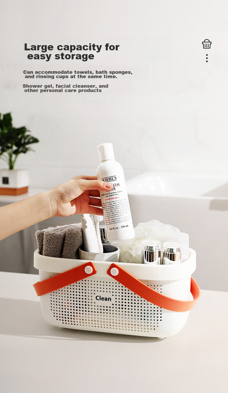 JEKO&JEKO Large Bath Basket with Handle, Toiletry Organizer for Student Dormitory, Bathroom, Shower Room Storage Basket, Orange And White 5