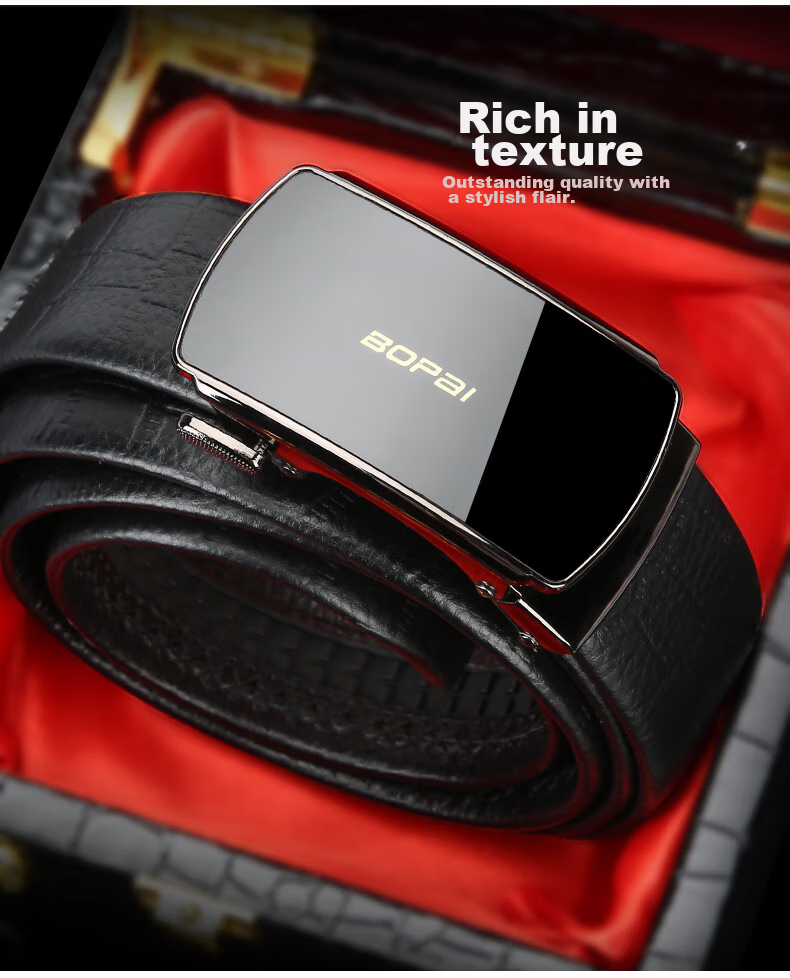 Bopai Genuine Leather Men's Belt with Automatic Buckle, Top-Grain Cowhide Waistband, Business Gift for Me 14