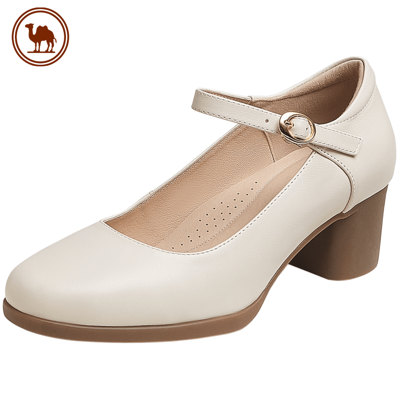 CAMEL Brand Women's Shoes, Cowhide Soft Thick Heel Casual Flats, Fashionable Mary Jane Shoes, P23A155036, Beige, Size 38