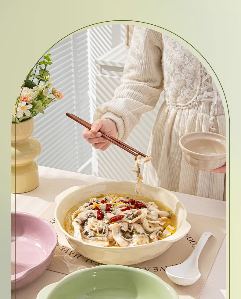 PINYU Sauerkraut Fish Large Bowl with Double Handles, 10-Inch Soup Bowl for Home Use, Specially Designed for Boiled Fish And Crayfish, Milk White 3