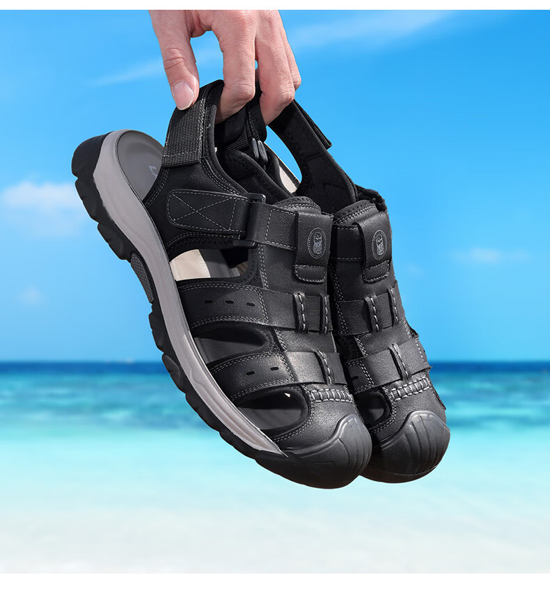 LAORENTOU Men's Summer Outdoor Casual Leather Sandals Closed-Toe Anti-Collision Hole Beach Shoes LT66 Gray Size 39 4