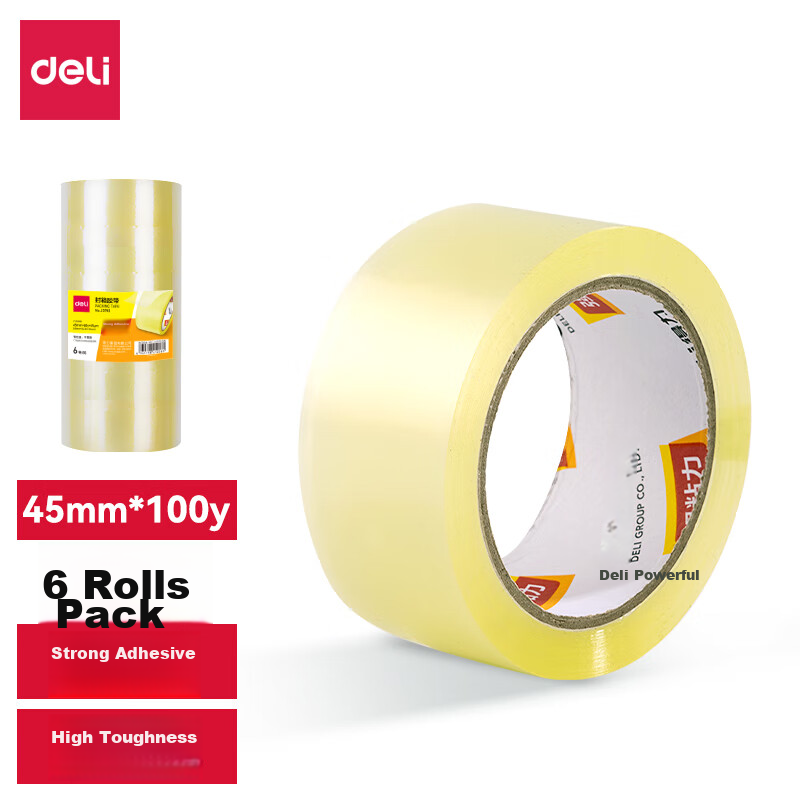 Deli High-Quality Transparent Yellow Packing Tape / Shipping Tape, 45mm*100y*45μm, 6 Rolls/tube, Office Supplies, JD151