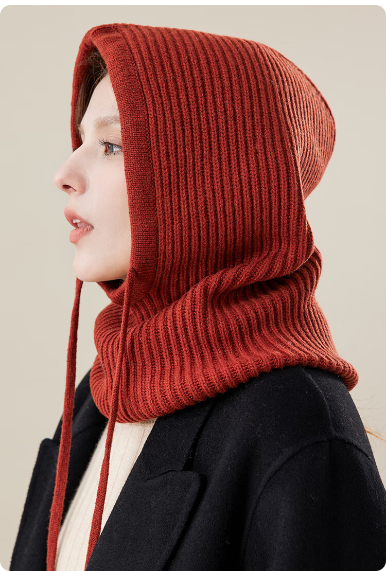 JIUMU Pure Wool Warm Knit Hat for Women, Autumn And Winter Balaklava Knitted Cap, Cold-Proof Hood with Integrated Neck Warmer 20
