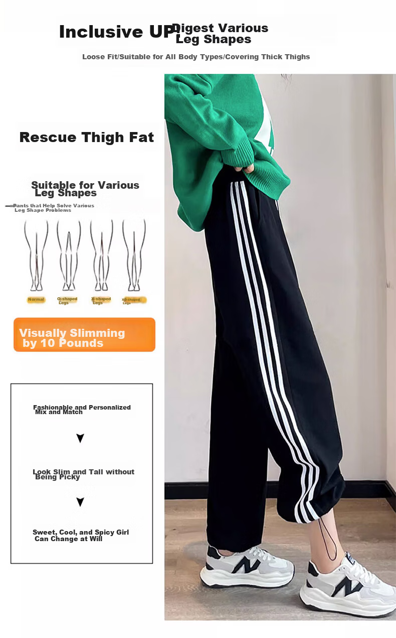 LangSha Women's Leggings with Two-Way Wear, Straight-Leg Three-Stripe Cotton Pants, Autumn Outer Wear, Sports Pants with Elastic Cuffs, Loose High-Waist Drawstring Sweatpants 4