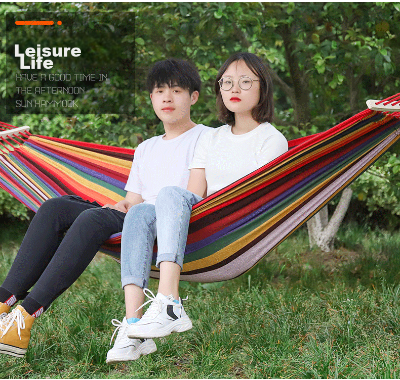 TAN XIAN ZHE Outdoor Camping Leisure Thickened Wide Canvas Hammock, Indoor Curved Wood Anti-Rollover, Single Red Crescent Hammock 9