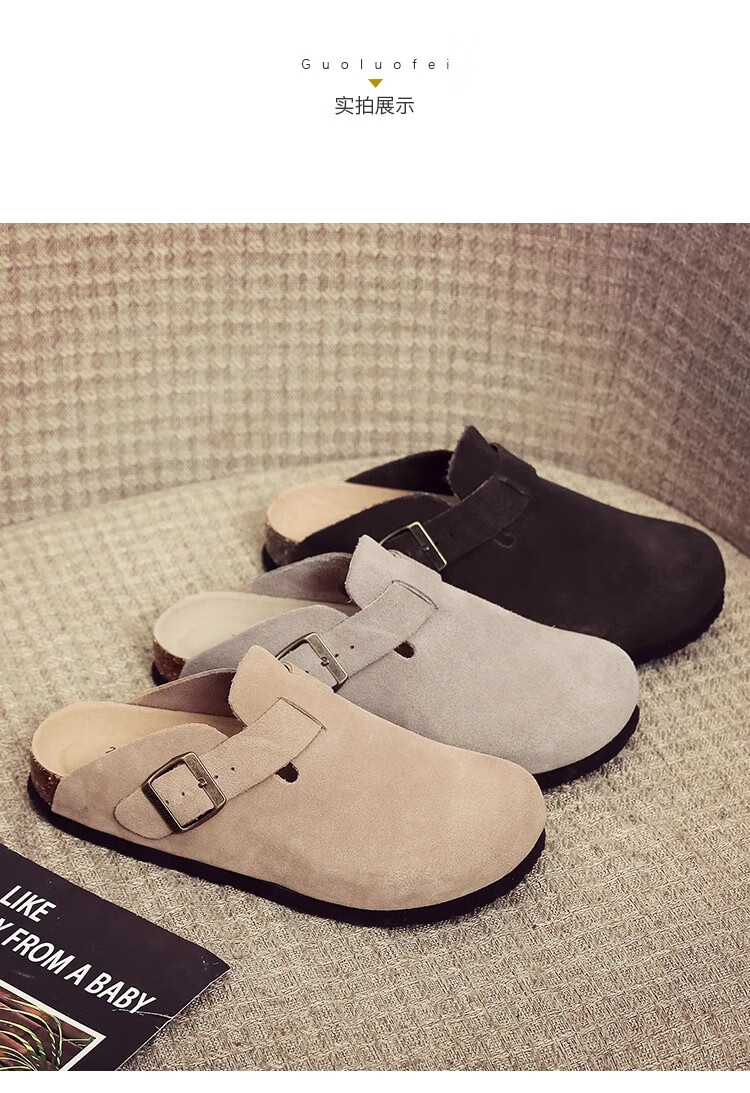 GUOLUOFEI Cork Shoes Birkenstock-Style Shoes for Couples, Fashionable All-Season Slippers for Men And Women, Outdoor Wear Cowhide Closed-Toe Shoes, Apricot Color, Size 39 9