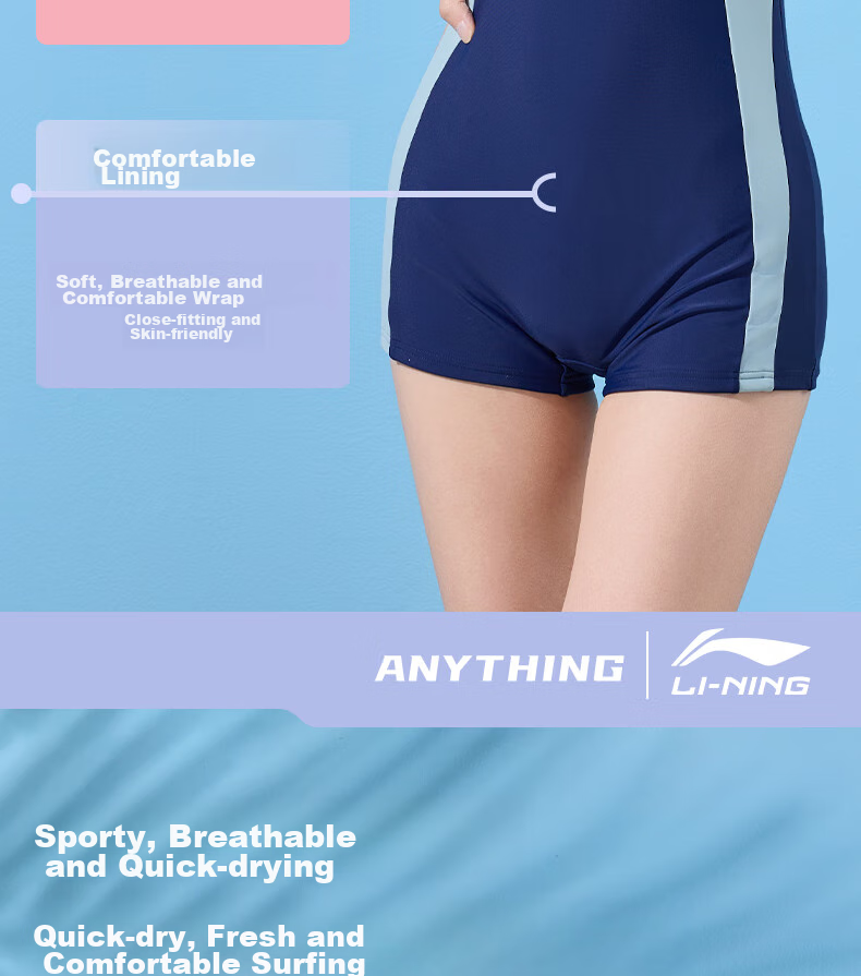 Li-Ning Women's Professional One-Piece Conservative Boyshort Swimsuit, Tummy-Covering Slimming Casual Training Hot Spring Swimwear 514 Navy Blue 3XL 5