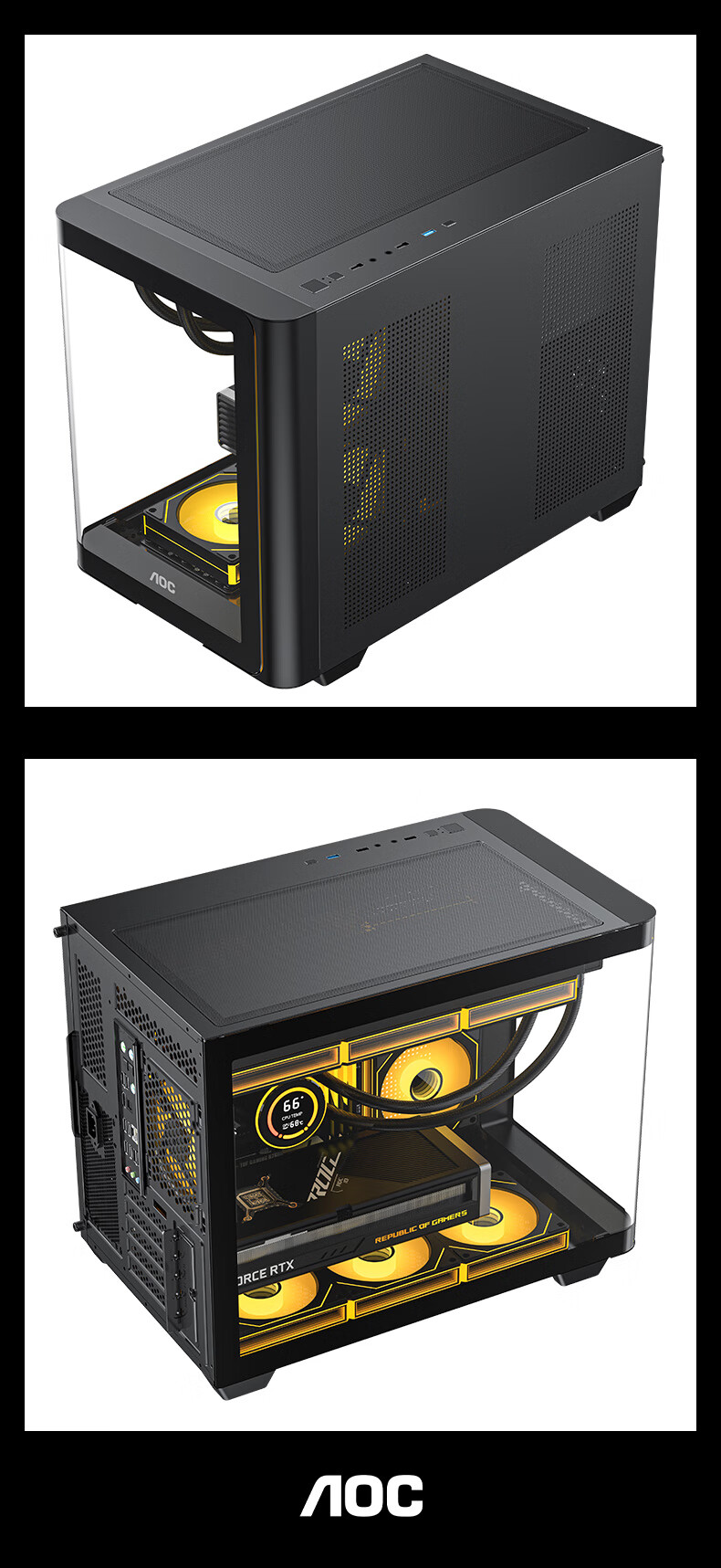 AOC Chengtian Bow CG355 Black MATX Desktop Computer Case, Integrated Curved Tempered Glass/360mm Water Cooling/ARGB Lighting Strip/Left And Right Compartment/Quick Release Desig 5