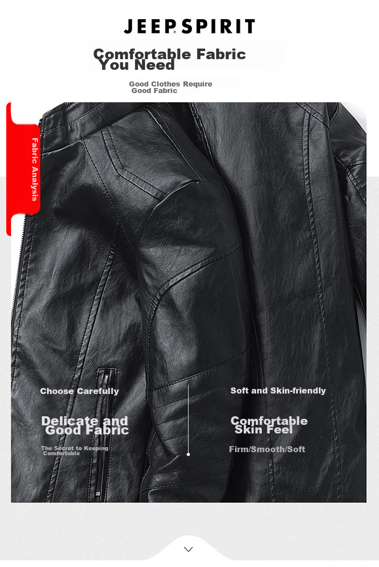JEEP SPIRIT Men's Leather Jacket, Spring And Autumn Stand-Collar Business Motorcycle Outerwear, Black, Size L 5