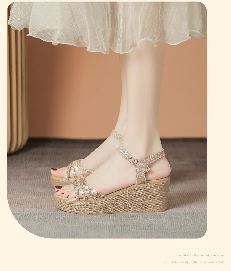 ZHR Women's Shoes, Summer Wedge Versatile Sandals, Fashionable Rhinestone Platform Slimming Beach Shoes for Women, AY161, Apricot Color, Size 35 23