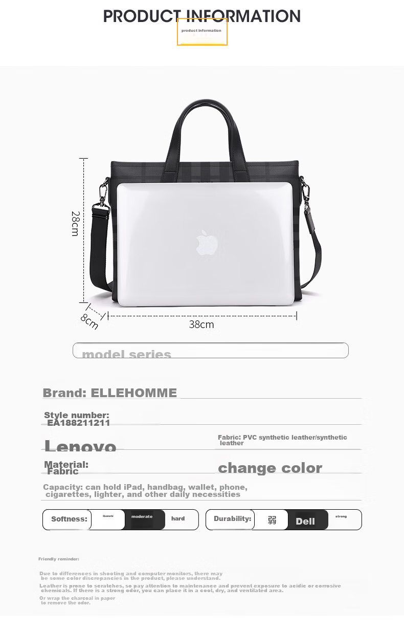 ELLE HOMME Men's Briefcase, Fashionable Striped Contrasting Color Handbag, Large Capacity PVC with Leather Shoulder Crossbody Bag, 14-Inch Laptop Bag EA188211211 Black And Gray 5