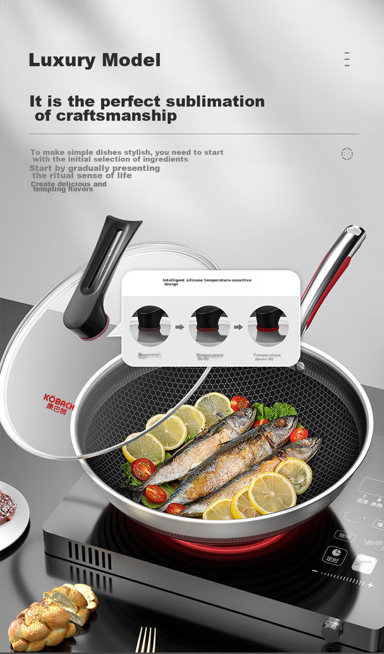 KBH Wok, Yuechu Honeycomb Double-Sided Non-Stick Pan, 316L Stainless Steel Frying Pan, 32cm, Compatible with Induction And Gas Stoves 10