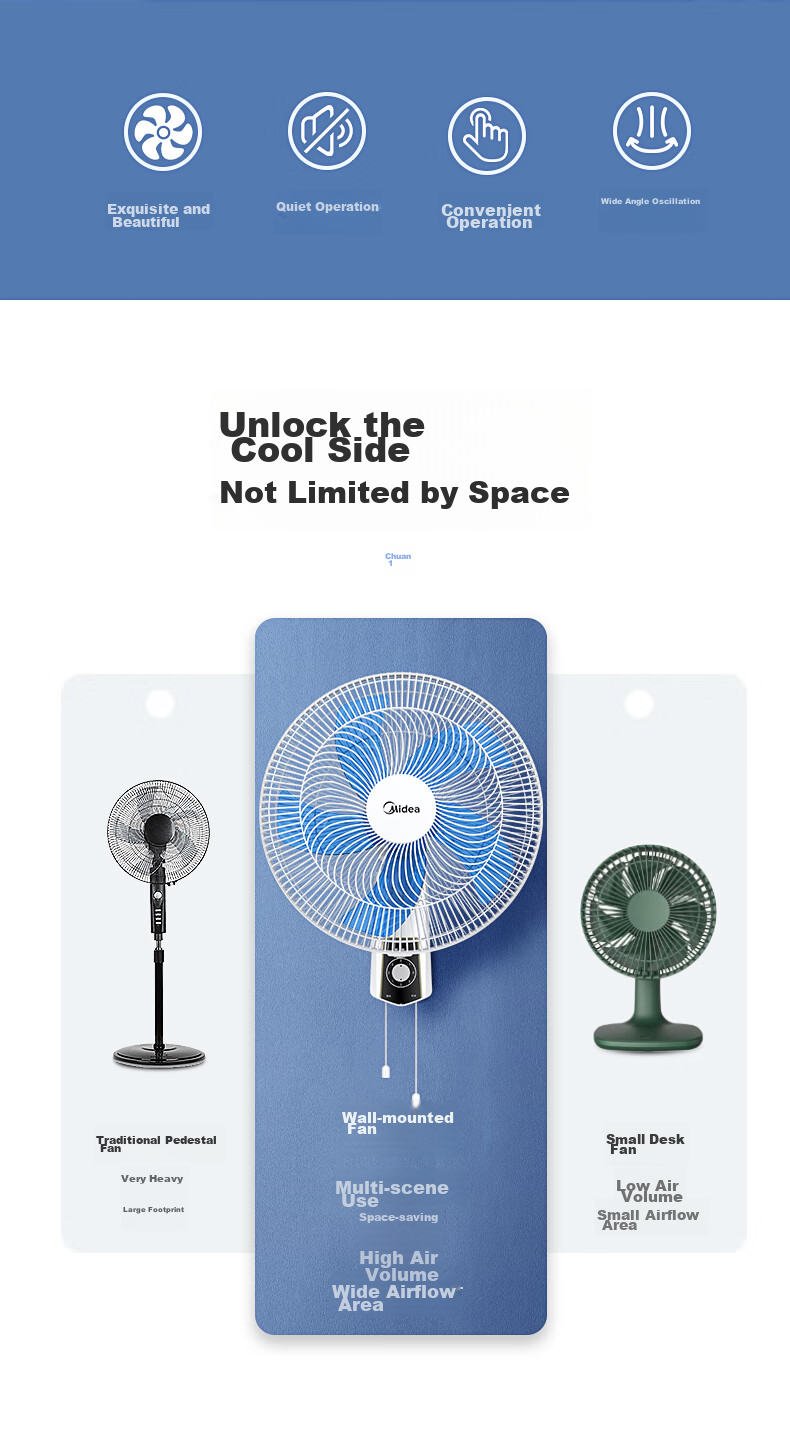 Midea Wall Fan, 16-Inch Wall-Mounted Electric Fan, Quiet Operation, Dormitory Use, Oscillating Commercial Wall Fan, Canteen High-Power Industrial Wall Fan, Oscillating Bull Horn Fan FWA40UA 3