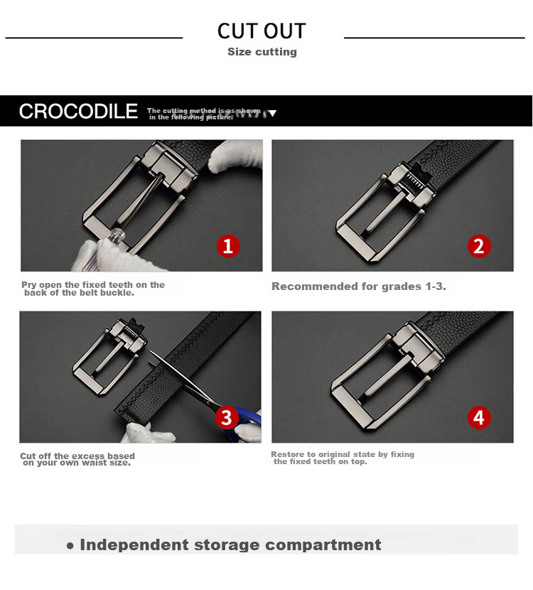 CROCODILE Versatile Youth Top-Grain Leather Casual Belt for Men with Pin Buckle, Birthday Gift ZT341 Black 20