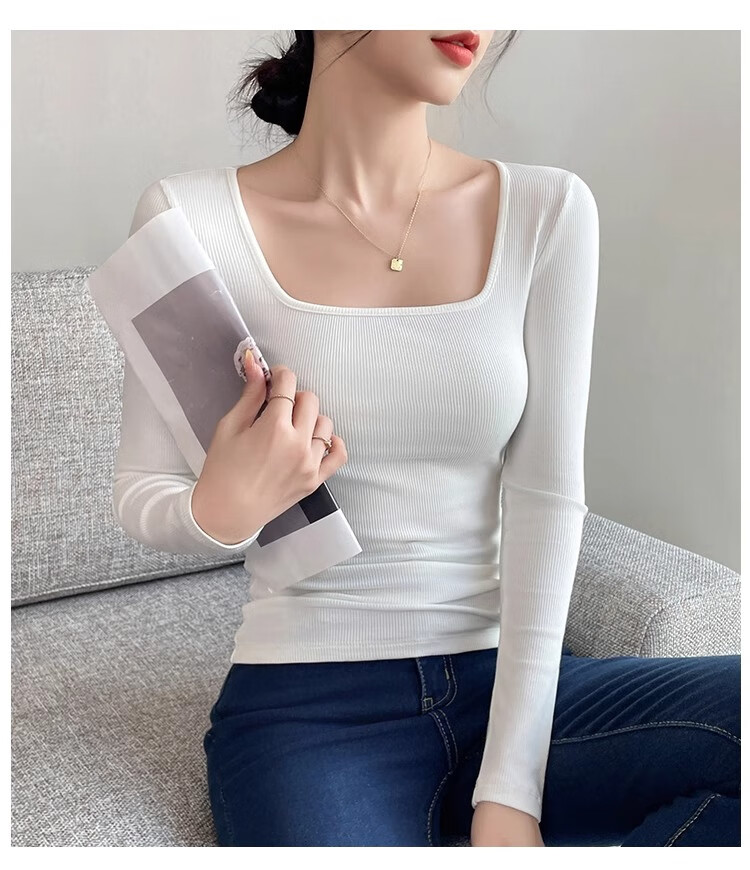 NOME Square Neck Ribbed Long Sleeve T-Shirt for Women, Autumn New Style Design Waist-Cinching Slimming Inner Layer Top, Black, M 15