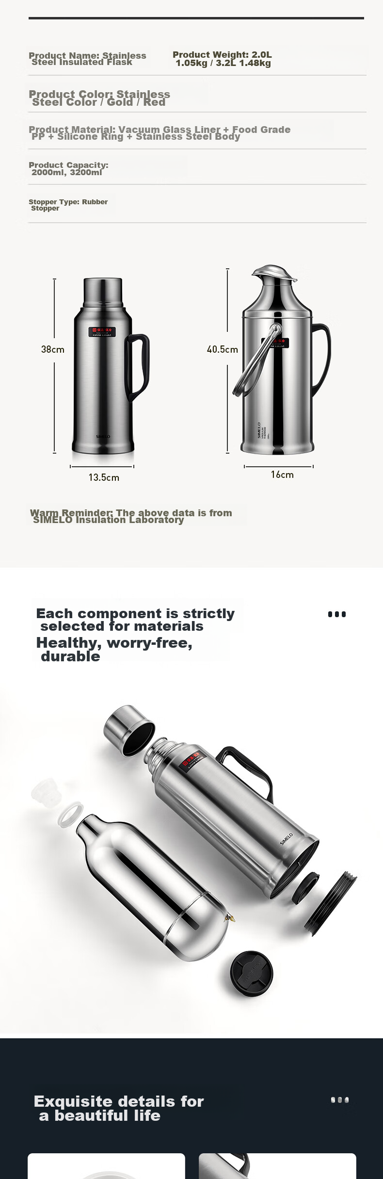 SIMELO Insulated Bottle, Large Capacity for Home Use with Glass Inner Liner, Hot Water Thermos for Student Dormitory, Warm Water Jug, Kettle, 3.2L 10
