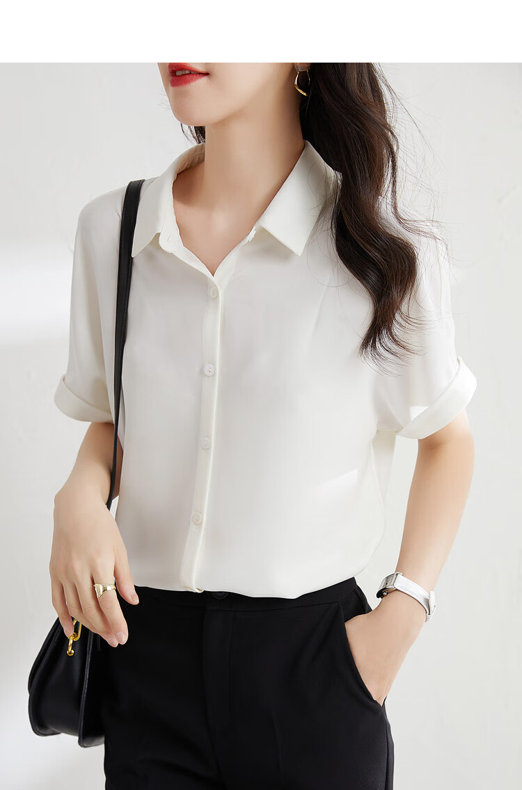 Sentubila Short-Sleeve Chiffon Blouse for Women, Summer Casual Commute Professional Shirt, Versatile Slimming Top, Blue, M 10