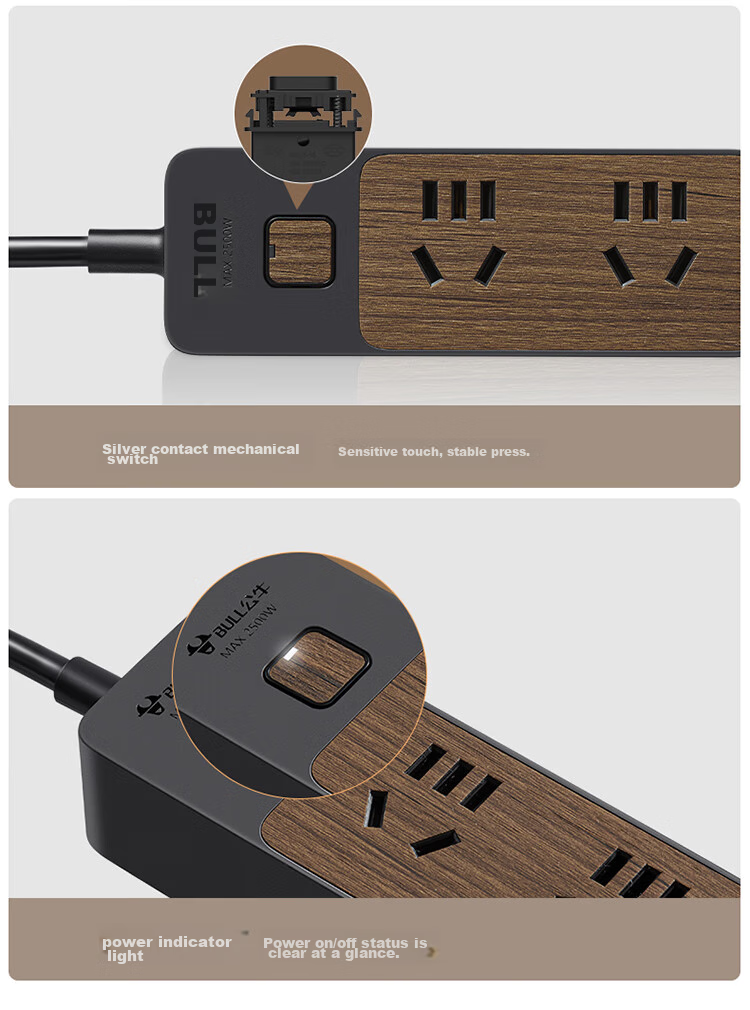 BULL Power Strip / Extension Cord / Surge Protector / Multi-Outlet Strip / Power Board / Cable Reel with Master Switch, 4 Outlets, 1.8m, Black Wood Grain, GN-R1220 8