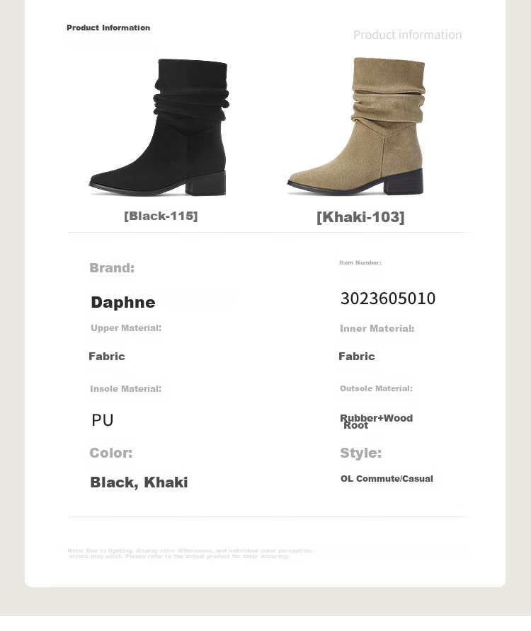 DAPHNE Western Cowgirl Boots for Women, Autumn And Winter Fashion Mid-Calf Chunky Boots, Retro Short Boots for Women, Khaki, Size 36 6