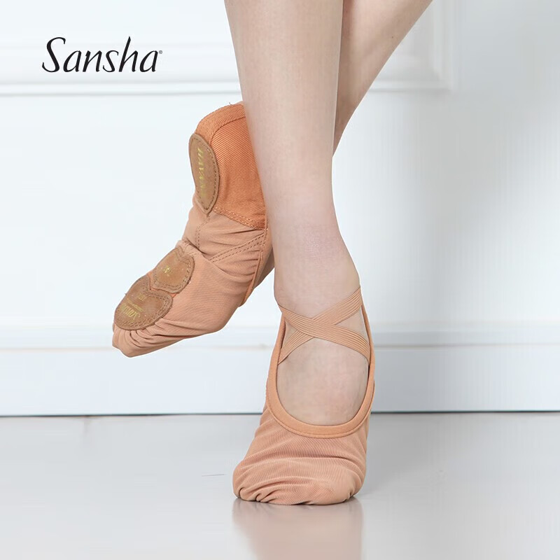 Sansha Adult Ballet Practice Shoes, Elastic Mesh with Leather Sole, Cat Paw Dance Shoes, Breathable Soft Shoes, 357X Meat Size 37