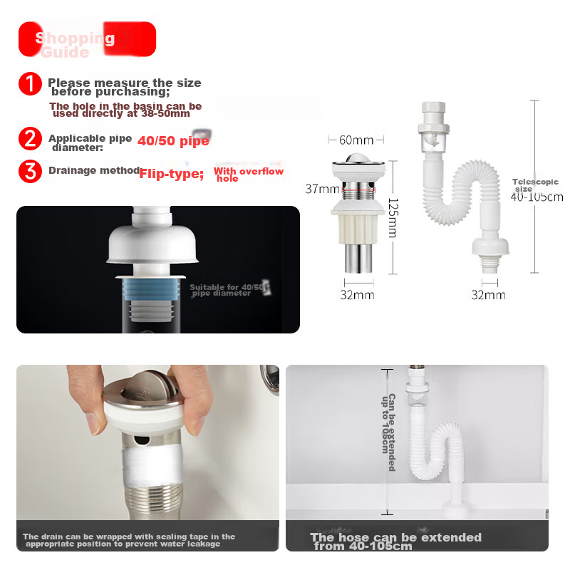 Submarine SQ-11 Drain, Basin Drain Pipe Set with Overflow Hole, Drain Kit