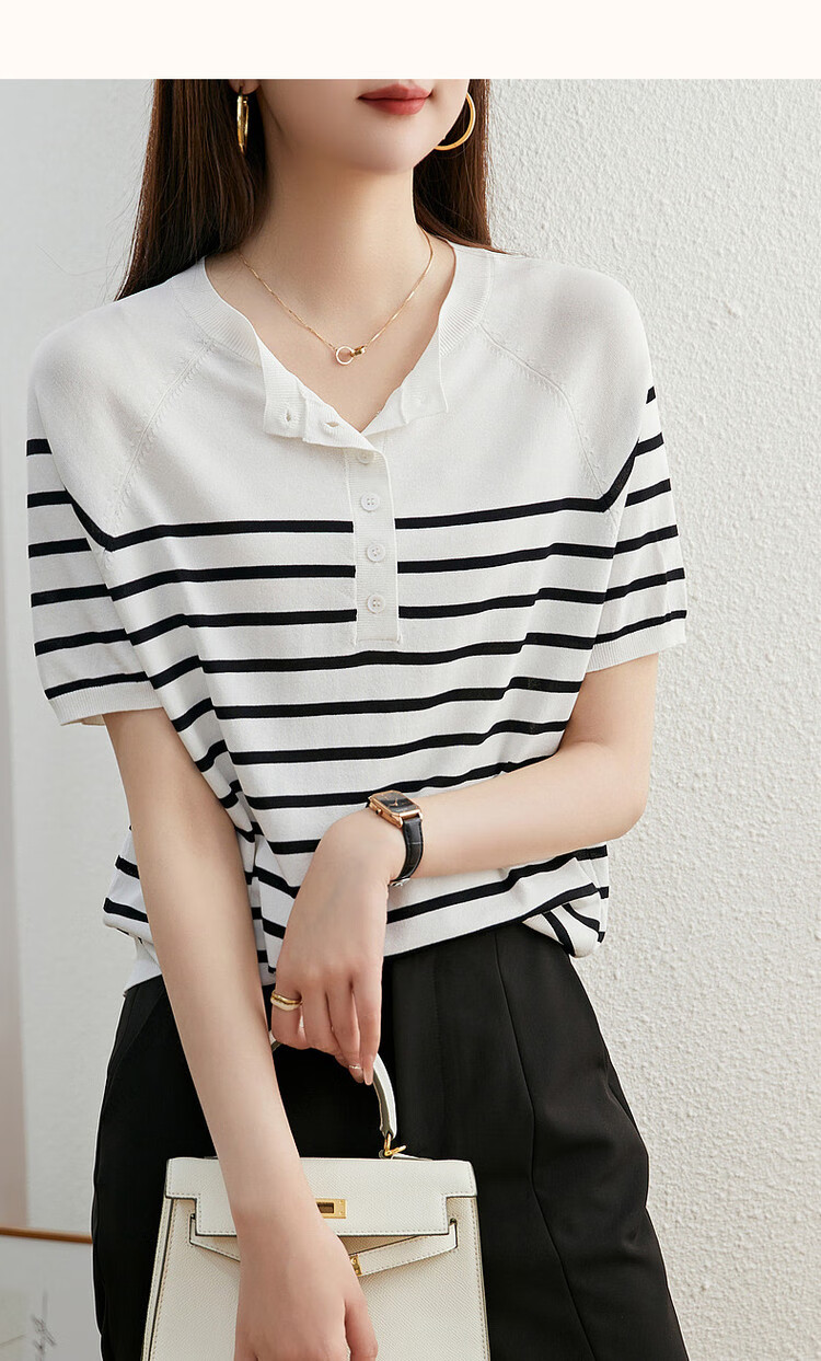 Demana Japanese Style Artistic Commuter Spring Autumn Colorblock Striped Round Neck Slimming Knit Sweater 15