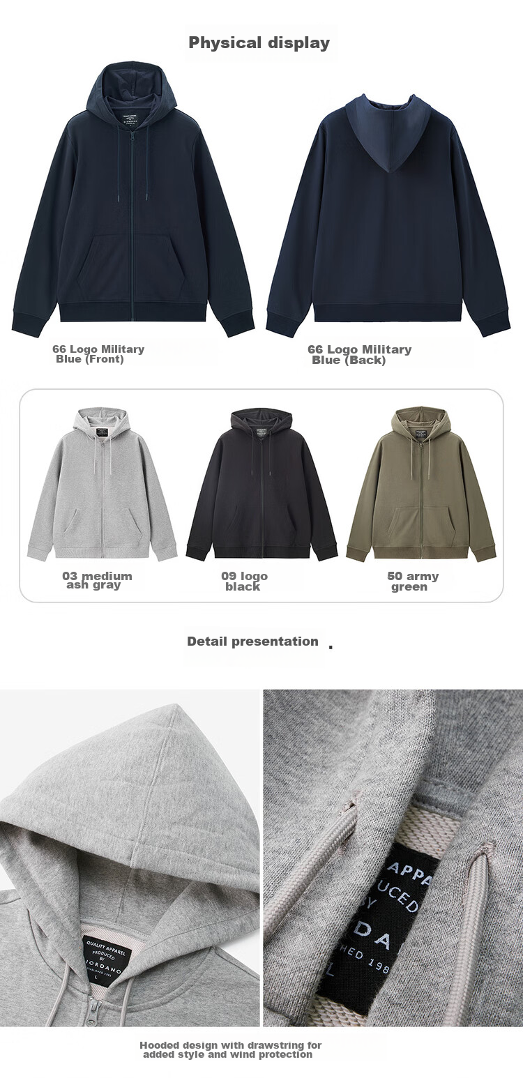 Giordano Casual Jacket for Men, Zip-Up Sports Coat, Pure Cotton Kangaroo Pocket Hooded Sweatshirt, Cardigan for Men, 13074890 18