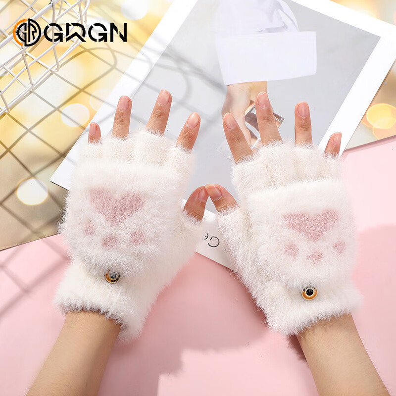 GRGN Unisex Winter Half-Finger Flip-Up Fleece-Lined Thickened Cute Knitted Fingerless Gloves